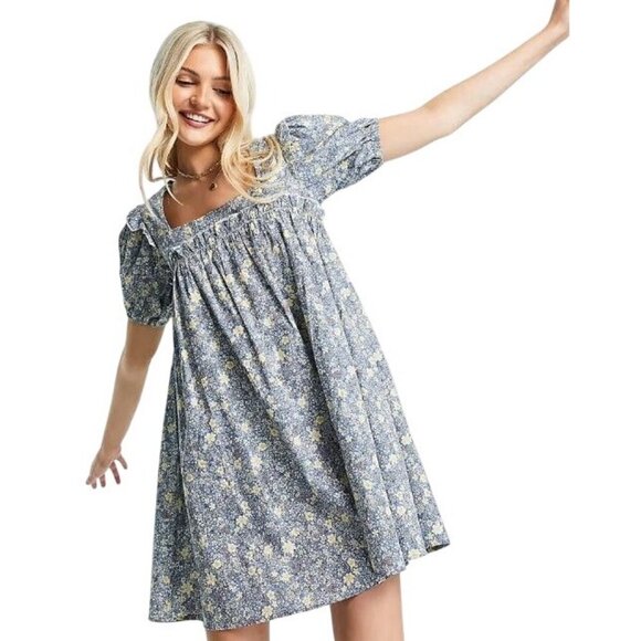 ASOS QED London Cotton Poplin Puff Sleeve Prarie Dress Blue Floral Women 8 NWT - Picture 1 of 14